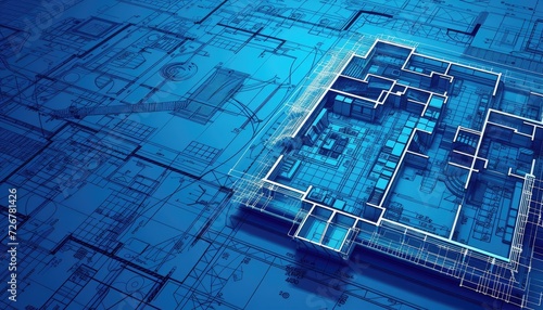 Abstract blue architecture plans background from above, building engineering blueprints backdrop photo