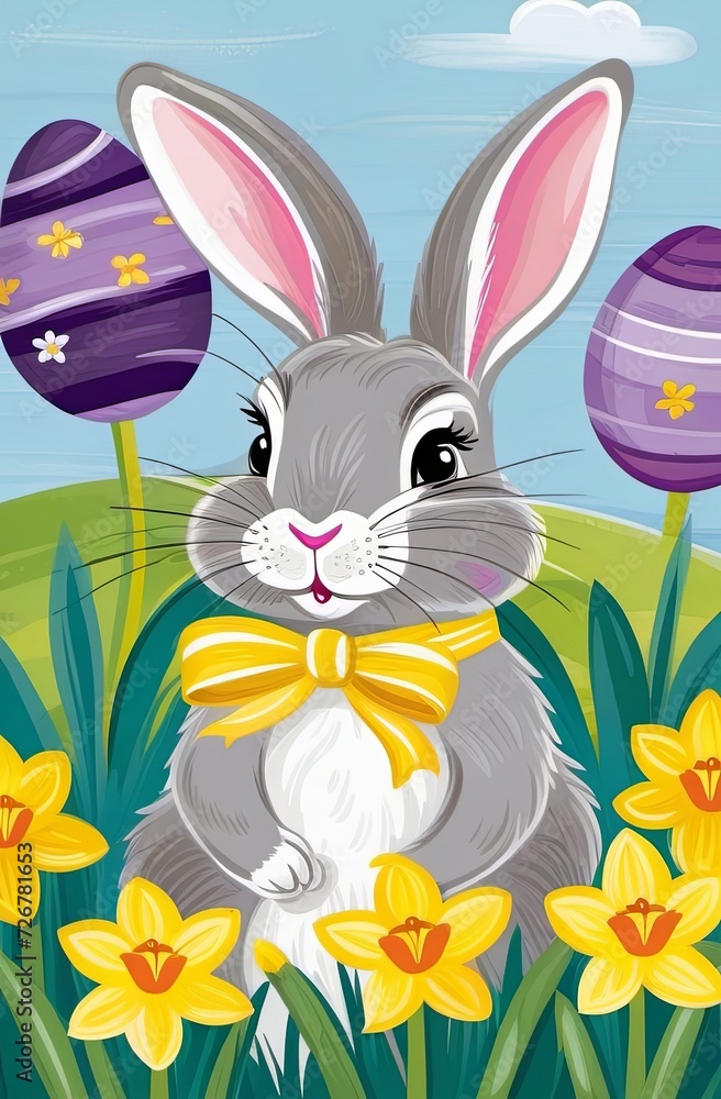 Easter bunny and colored eggs on a flower field. Illustration by Generative AI. Easter bunny and colored eggs on a flower field. Illustration by Generative AI.