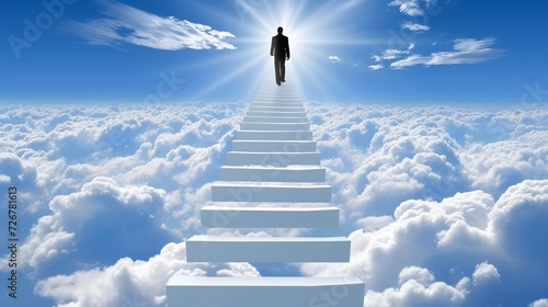Ascending the white stairs to success under the blue sky, reaching for limitless opportunities