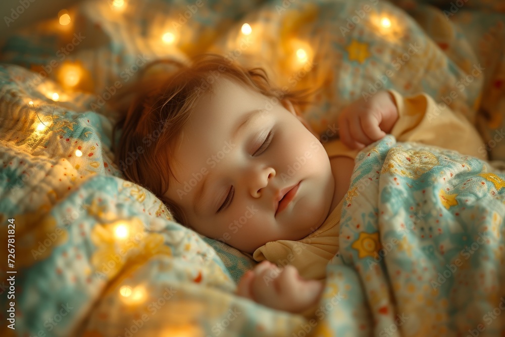 A peaceful slumber envelops the tiny human face of a sleeping newborn, nestled in a warm blanket on an indoor bed A peaceful slumber envelops the tiny human face of a sleeping newborn, nestled in a warm blanket on an indoor bed
