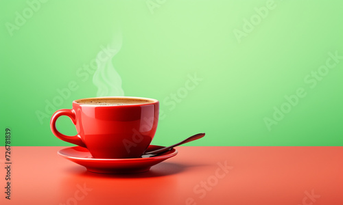 Red Cup with coffee on a light green background. The design of the banner.