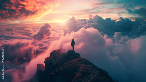 Mann steht auf einem Berg überall Wolken um ihn herum Sonnenaufgang oder Sonnenuntergang photo