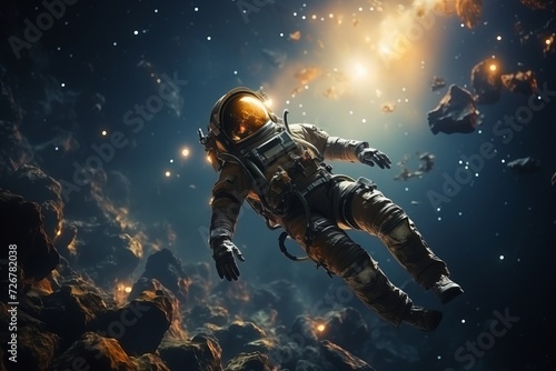 Astronaut floating amidst a mesmerizing galaxy filled with glittering stars and a remote planet