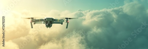 Electric drone flies in the sky. 3D illustration. Drone: 3d-model. Background: photo-panorama.