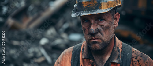 Construction Worker in Hard Hat Covered in Mud photo