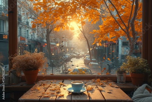 Amidst the warm hues of autumn, a cozy indoor scene captures the tranquility of sipping coffee by a window overlooking the city, with furniture adorned by a flowerpot and vase, and a houseplant addin