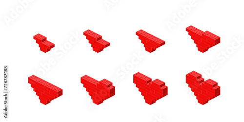 Step-by-step construction of a red heart from plastic blocks in isometry. Vector