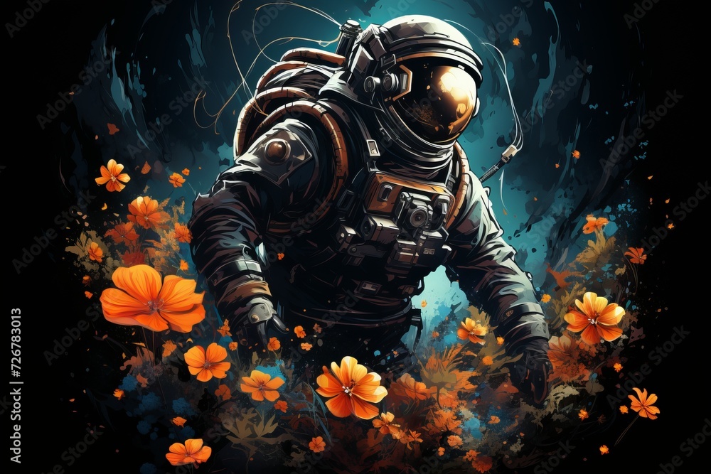 Surreal illustration of spaceman surrounded by colorful dreamlike flowers in outer space Surreal illustration of spaceman surrounded by colorful dreamlike flowers in outer space
