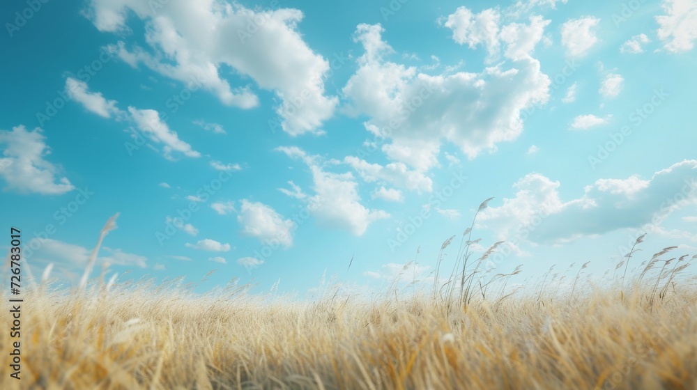 Idyllic Nature Scene with Golden Wheat Field Under a Sunny Blue Sky with Fluffy Clouds Idyllic Nature Scene with Golden Wheat Field Under a Sunny Blue Sky with Fluffy Clouds