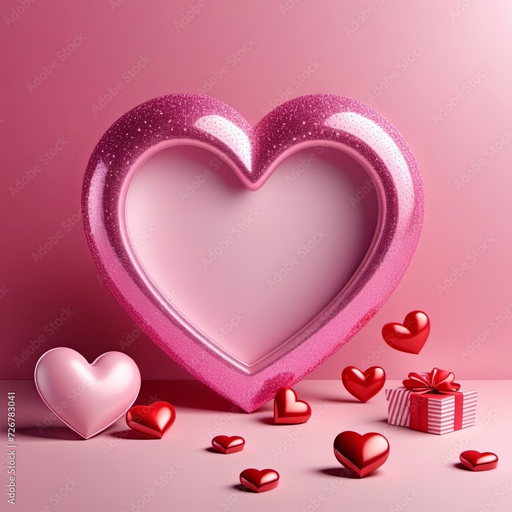 A symbol of the heart on a pink background. Valentine's Day. Gift card concept. Illustration by Generative AI.