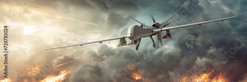 Generic Unmanned aerial vehicle drone launching missiles to military target as wide banner photo