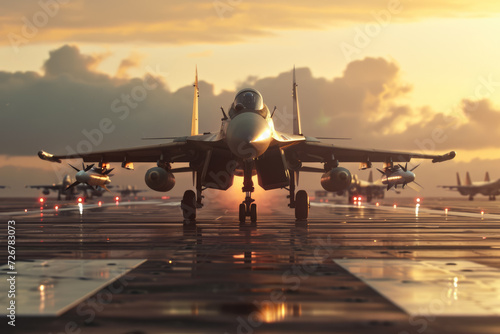 fighter jet taking off from a military base. The jet is loaded with bombs and other weapons, and there are other planes on the tarmac © mila103