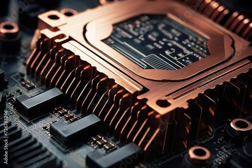 A detailed close-up of a heat sink fin, showcasing its metallic texture and intricate design, placed in an industrial setting with various mechanical components around photo