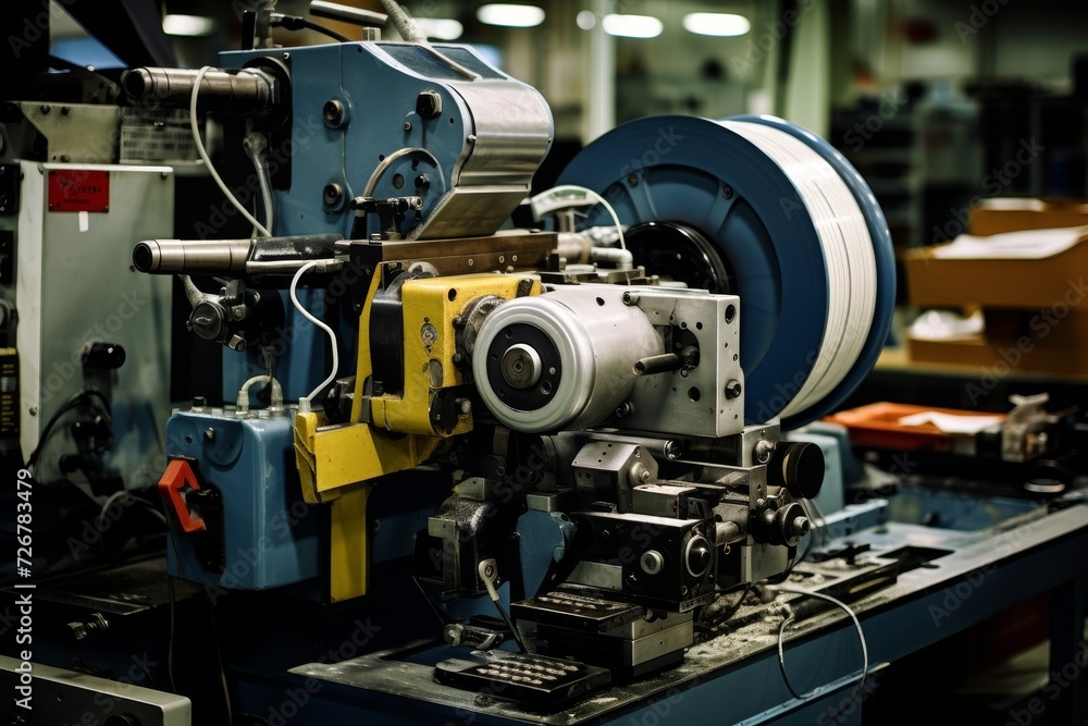 A detailed view of a magnetic tape in an industrial setting, surrounded by machinery and tools indicative of its production and usage A detailed view of a magnetic tape in an industrial setting, surrounded by machinery and tools indicative of its production and usage