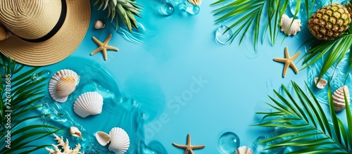 Top view of a blue summer beach with shells, hat, pineapple, and palm leaves in a holiday travel background design concept.
