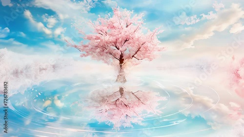 A pink cherry blossom tree stands central, surrounded by blue sky and white clouds, with the lower part of the tree mirrored by a reflective water surface.
 photo