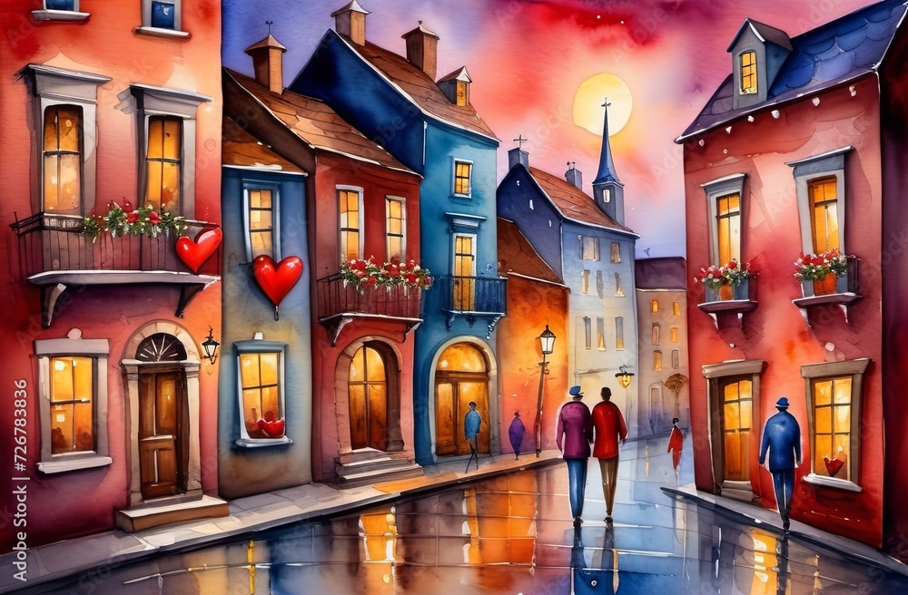 A romantic evening on the streets of the old town. Illustration by Generative AI.