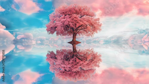 A pink cherry blossom tree stands central, surrounded by blue sky and white clouds, with the lower part of the tree mirrored by a reflective water surface.
 photo