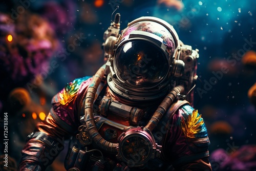 Futuristic astronaut in high-tech cosmosuit on colorful surface with captivating space background photo