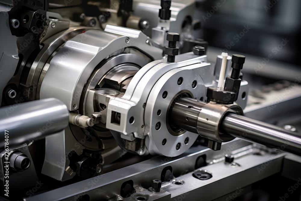 Close-up view of a hydraulic lever system in an industrial setting, showcasing the intricate design and complex functionality Close-up view of a hydraulic lever system in an industrial setting, showcasing the intricate design and complex functionality