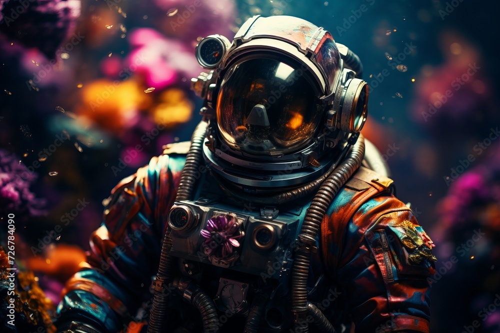 Futuristic astronaut in high-tech cosmosuit on colorful surface with captivating space background
