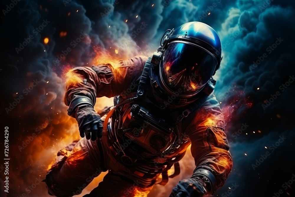Fototapeta premium Futuristic astronaut in high-tech cosmosuit on colorful surface with fiery space background