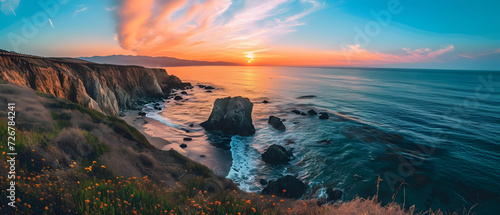 Beautiful Sunset Atop Water and Cliffs
