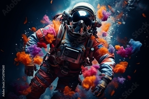 Vibrant astronaut in cosmosuit on colorful surface with space background, future concept