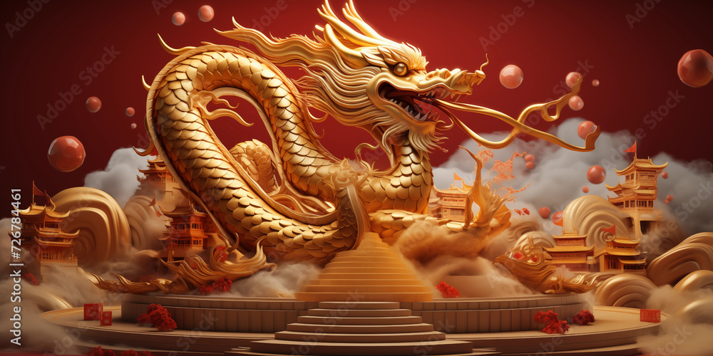 China gold dragon on red background China gold dragon on red background