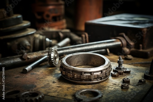 A solitary ring, beautifully crafted with intricate details, sits against the backdrop of a rustic industrial setting, surrounded by weathered tools and machinery