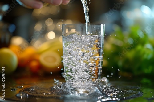 A person delicately pours water into a sparkling glass, creating a mesmerizing splash of liquid against the transparent material, quenching their thirst on a warm outdoor day © Larisa AI