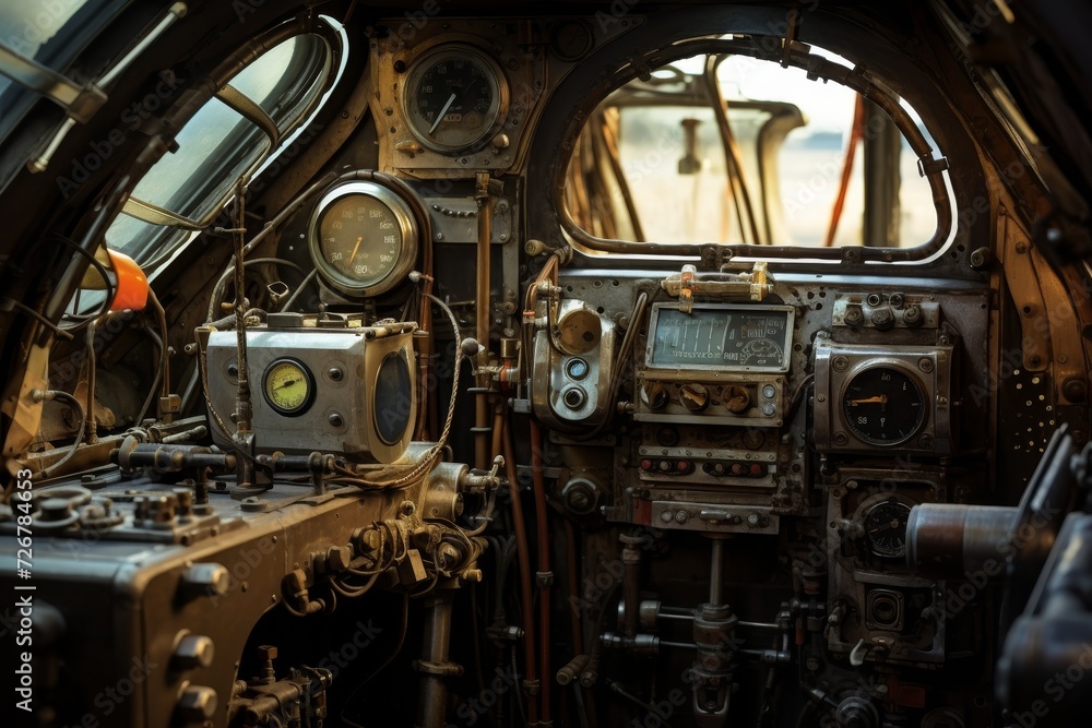 Close-up view of the intricate design of cockpit windows with a backdrop of an industrial setting filled with machinery and tools