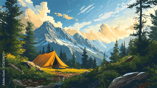 Camping in the mountains. Vector illustration of a summer landscape.