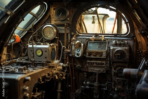 Close-up view of the intricate design of cockpit windows with a backdrop of an industrial setting filled with machinery and tools