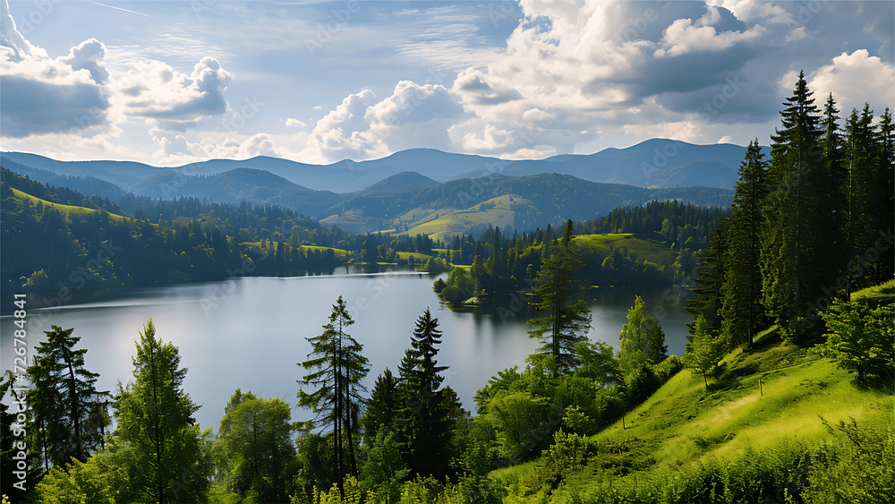 Panoramic view of mountain lake in the Carpathian mountains