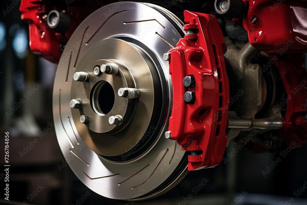 A close-up view of a red brake caliper, intricately designed and set against the backdrop of a well-lit industrial workshop