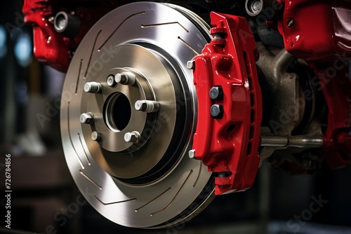 A close-up view of a red brake caliper, intricately designed and set against the backdrop of a well-lit industrial workshop
