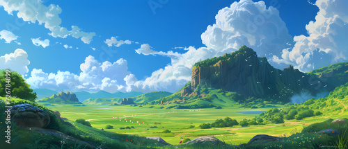 Anime Cartoon Lush Landscape with Clouds photo