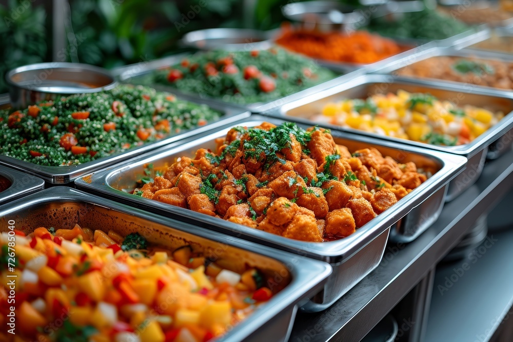 A mouth-watering spread of fresh vegetables and delectable snacks, arranged neatly on trays, showcasing a variety of cuisines and food groups, ready to be devoured at an indoor buffet