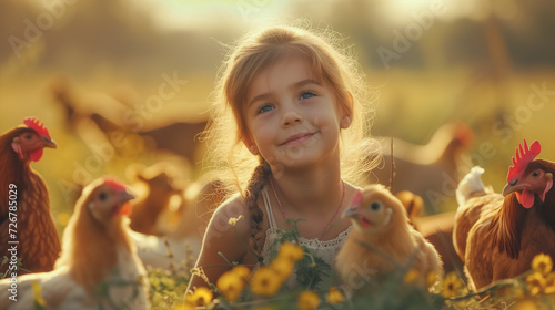 Portrait of a little girl on a farm with chickens.