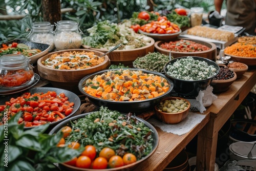 A vibrant and bountiful display of fresh, local produce and whole foods adorns the table, inviting us to indulge in a variety of vegan and vegetarian options at this bustling marketplace