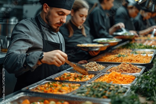 A casually dressed man prepares a mouth-watering fast food meal for a group of people in a bustling indoor market kitchen, with a wide array of delicious buffet options in the background photo