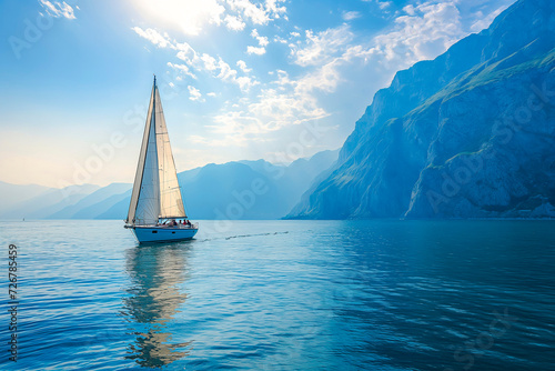 Sailing yacht in the sea with hilly coastline in background