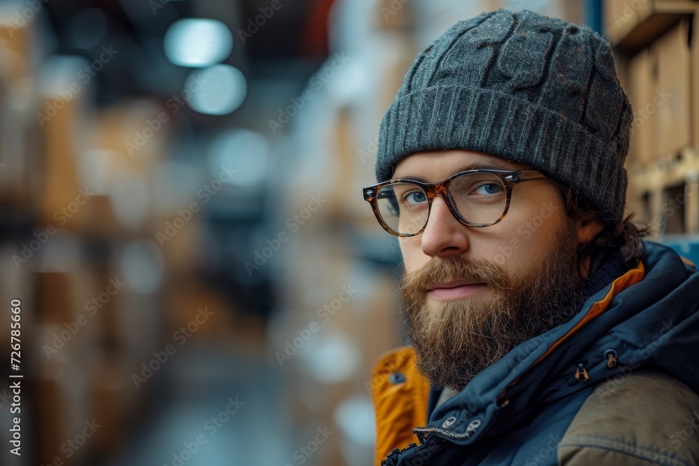 A stylish man with a rugged beard and glasses, bundled up in a beanie and jacket, stands confidently on a busy street surrounded by buildings, exuding a sense of urban coolness in his winter street f A stylish man with a rugged beard and glasses, bundled up in a beanie and jacket, stands confidently on a busy street surrounded by buildings, exuding a sense of urban coolness in his winter street f