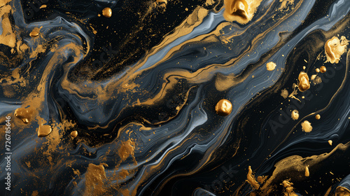 Gold and black marble background with swirls of gold and grey, in the style of minimalist backgrounds, black paintings
