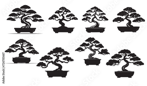 set of Bonsai  Black silhouette of bonsai.  Vector illustration. Decorative arts. Mini tree in pot.