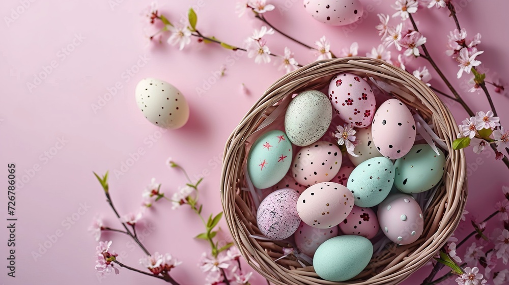 Festive Easter horizontal banner, template header for website. Spring holiday. Easter eggs in basket. View from above. Pink background