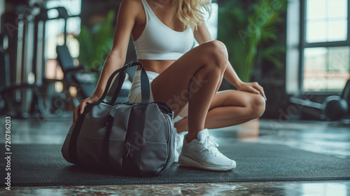 Woman Sitting on Ground With Gym Bag photo