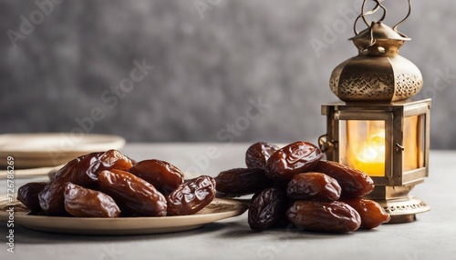 Dates fruit and lantern on table. Ramadan Kareem concept.