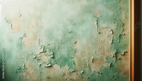 Old green grunge wall with peeling paint. Abstract background for design.